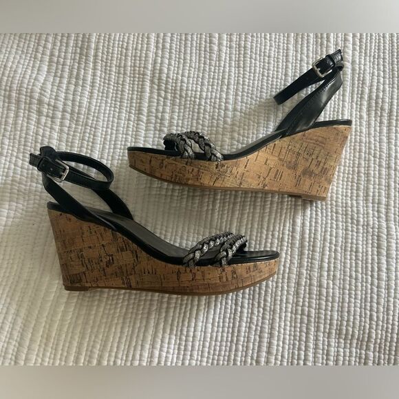 Unisa Women's Black & Sparkly Silver Braided Cork Wedge Strappy Sandals Size 8 - Picture 2 of 12